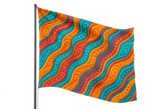 Waving flag with colorful abstract wavy pattern and decorative swirls on transparent background