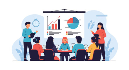 Obraz premium A business team in a corporate meeting analyzing data charts and graphs on a presentation screen.