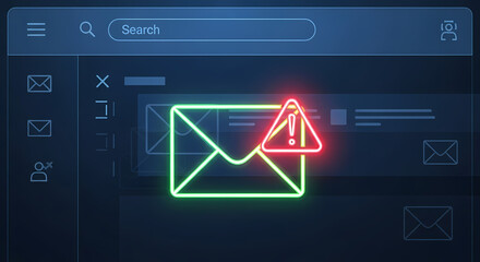 Neon email design with a glowing warning sign. Email design mockup illustrates an important, critical message with flashing alert, envelope, and browser bar.