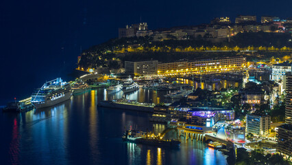Aerial top view of Monaco from the grand corniche road day to night timelapse, Monaco France
