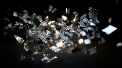 Shattered glass fragments flying in darkness