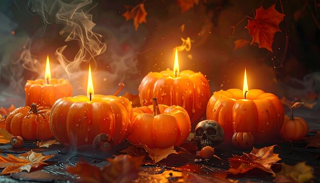 An illuminated scene of carved, orange gourds used as candles, with autumn leaves, smoke, and a skull set on a dark wooden surface