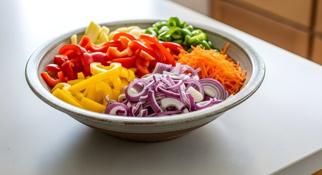 Colorful chopped vegetables including bell peppers, onions, and carrots are neatly arranged in a bowl, ready for cooking. - Powered by Adobe