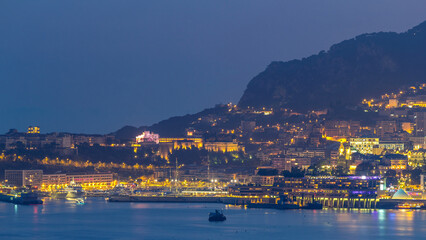 Cityscape of Monte Carlo day to night timelapse, Monaco after summer sunset.