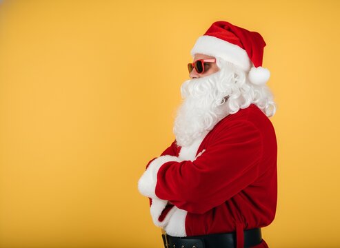 Père Noël Rigolo avec des lunettes de soleil sur fond jaune