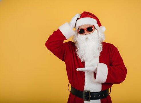 Père Noël Rigolo avec des lunettes de soleil sur fond jaune - Powered by Adobe