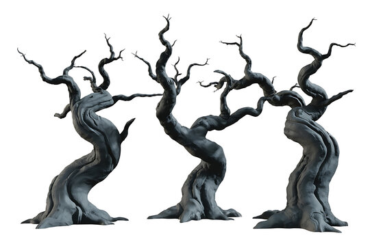 Twisted, dark trees with gnarled branches create an eerie, desolate, and sculptural landscape.