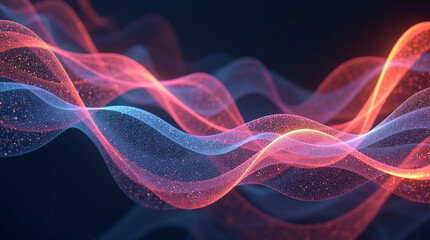 Fototapeta premium A 3D illustration of abstract flowing ribbons of light (colored particles) swirling around a dark void, creating a sense of movement and depth.