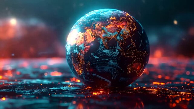 Illuminated terrestrial sphere resting on glowing surface with fiery background