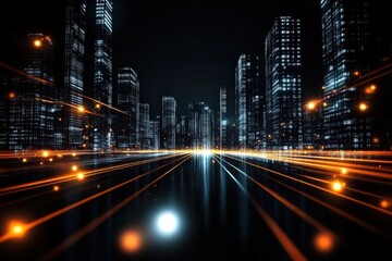 A futuristic city skyline illuminated by glowing lights and reflections, creating a dynamic visual of urban life at night.