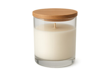 Scented candle in glass jar with wooden lid