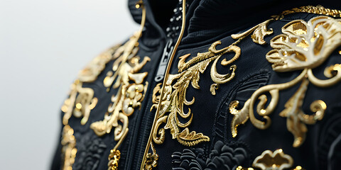 Luxurious black jacket with intricate golden floral embroidery and zipper detail