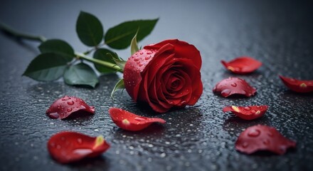 Single Red Rose and Wet Petals Lying on Dark, Rain-Slicked Surface