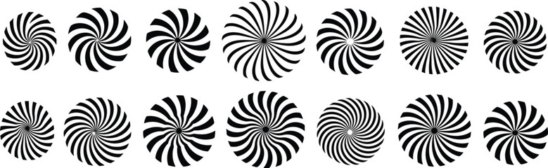Black and white spiral pattern set, abstract radial swirl design, optical illusion vector, circular motion art, cad drawing flat vector illustration