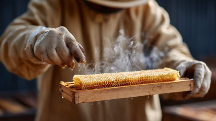 Beekeeper inspecting honeycomb frame with gloved hands at apiary during warm afternoon
