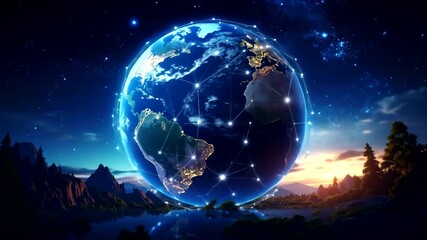 Digital globe overlaid with a luminous network above a serene natural landscape at twilight - Powered by Adobe