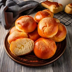 An overhead shot of golden-brown buns, some sprinkled with sugar, arranged on a brown plate and wood surface
