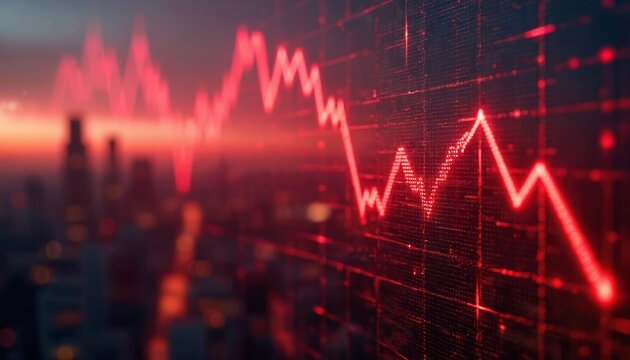 Red stock market graph declines sharply against blurry city skyline. Financial data displays a downward trend indicating economic recession or investment loss on digital screen. - Powered by Adobe