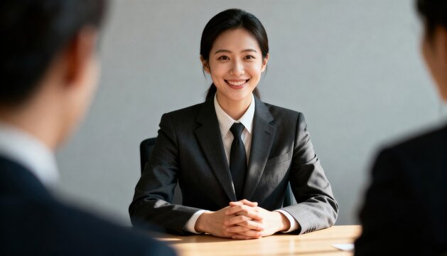 Confident smiling Asian woman at a job interview. Young female candidate in a business suit meeting with recruiters. Professional career, employment and successful hiring concept.