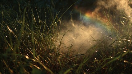 Sunlit grass glows with moisture, creating a vibrant rainbow in a natural setting