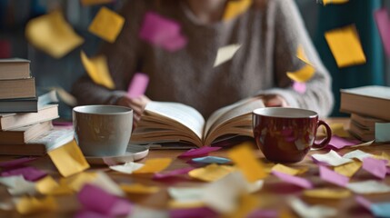 Two cups and open book on wooden table with flying sticky notes, study session or creative writing in cozy home atmosphere, books around, focus and learning concept