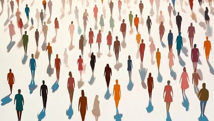 An abstract representation of a crowd, featuring diverse human figures in various colors and shapes, casting shadows on a light background.