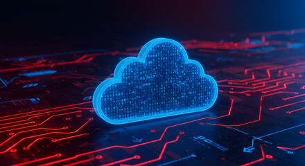 Modern cloud computing concept with circuit board and glowing blue data, perfect for technology and innovative business solutions online now
