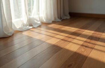 Sunlight streams through white curtains onto clean, polished laminate wood floor. Empty room interior features warm oak planks reflecting natural light. Space suggests tranquility, ready for