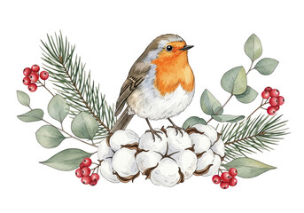 Watercolor illustration of a robin bird perched on cotton bolls with festive winter foliage isolated on transparent background