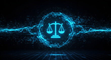 Digital scales of justice radiating bright blue light, symbolizing legal technology, innovation, and the future of law with a modern, technological feel
