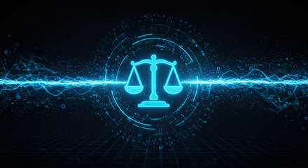 Digital justice scales symbol with glowing binary code for technology law firm branding and futuristic legal tech services in modern technology