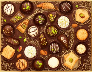 An overhead shot of a decorative tray filled with various chocolates and pastries, including truffles, baklava, and nut-topped treats