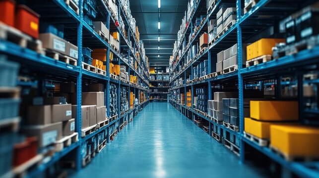 A spacious warehouse aisle filled with neatly arranged shelves of boxes and packages, showcasing an organized storage environment.