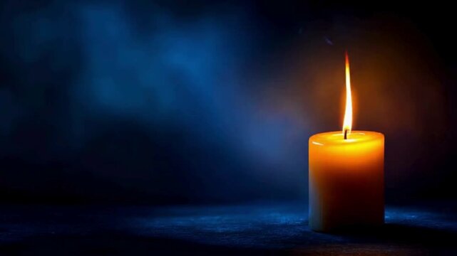 single candle burning motion with warm light isolated over dark blue empty interior; copy space