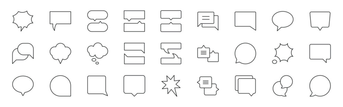 Popup bubble speech line icon set. Vector for message, comment, chat icon. Ideal for modern communication, dialog popups, Speech bubble, speech balloon, chat bubble and digital talk bubble set.
