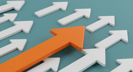 Dynamic directional shift showcasing business growth and market leadership with vibrant orange arrow leading the way to success and innovation