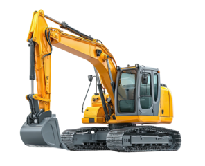 Bright yellow hydraulic excavator, tracks visible, angled right, isolated on black background, clean lines