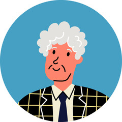 Elderly Gentleman with Curly White Hair and Plaid Jacket Smiling Gently Against a Solid Blue Circular Background