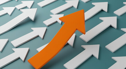 Bold orange arrow dramatically leads upward among white arrows, symbolizing business growth, progress, leadership, and a clear path to success