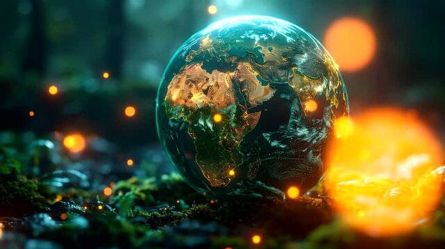 Glowing terrestrial sphere resting on mossy forest floor with warm light particles