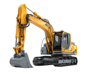 A side view of a yellow and gray heavy equipment excavator on a black background