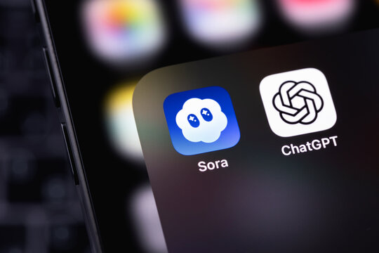 Sora, ChatGPT mobile icon app on a screen smartphone iPhone. Sora is an AI model designed to generate full HD video from a short text description,developed by OpenAI. Batumi, Georgia - October 3, 2025