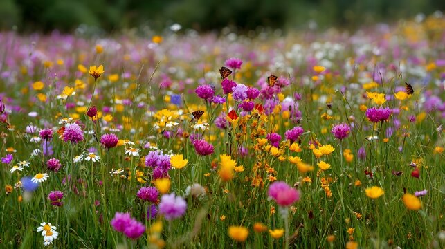 Fototapeta A vibrant wildflower meadow bursts with color featuring diverse blossoms and fluttering butterflies under the sun