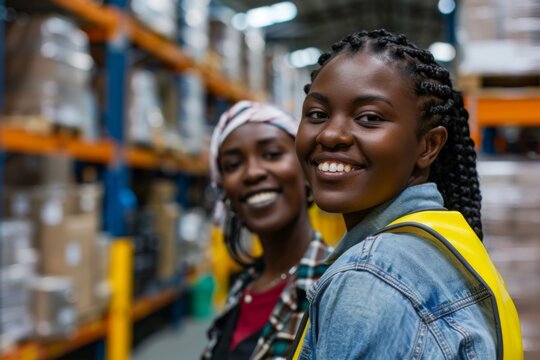 Two young women smiling in a warehouse - Powered by Adobe