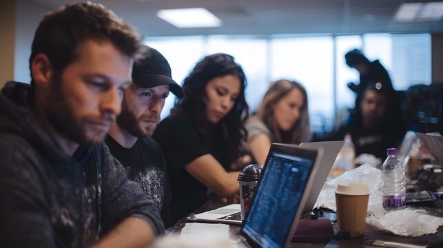 A diverse team of professionals collaborates intently around a table working on their laptops in a modern office setting - Powered by Adobe