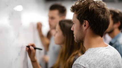 A diverse group of professionals collaborating and brainstorming ideas by writing on a whiteboard in a modern office setting