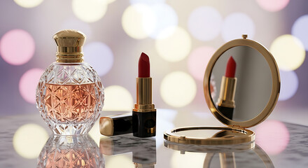 Elegant Still Life of Perfume, Lipstick, and Mirror for Beauty Products