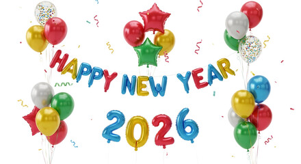 Happy new year 2026 celebration with colorful balloons and banner isolated on transparent background