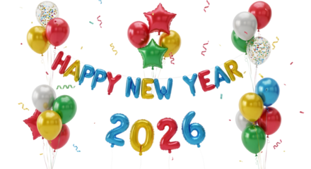 Happy new year 2026 celebration with colorful balloons and banner isolated on transparent background