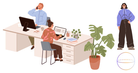 Two office workers engaged in tasks at a desk with computers and books, surrounded by a houseplant and a casually dressed person. Ideal for teamwork, workplace culture, multitasking, casual dress